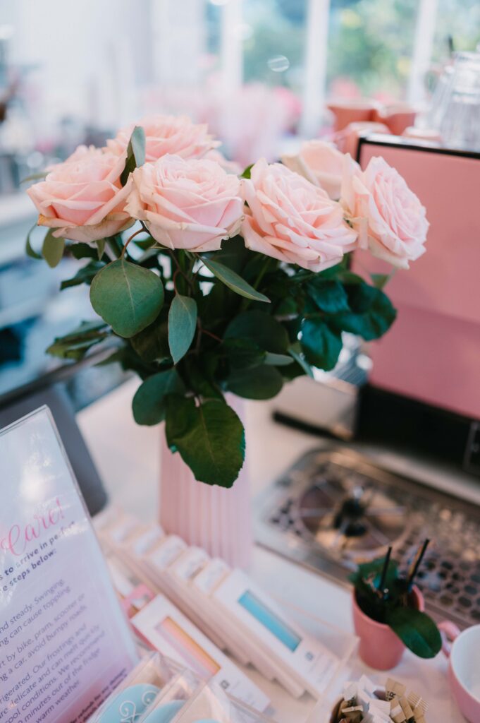 Close up of pink roses at Peggy Porschen Café.