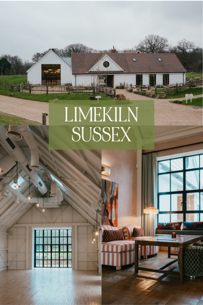 Limekiln Sussex wedding venue. Photo collage of front facade and interiors.